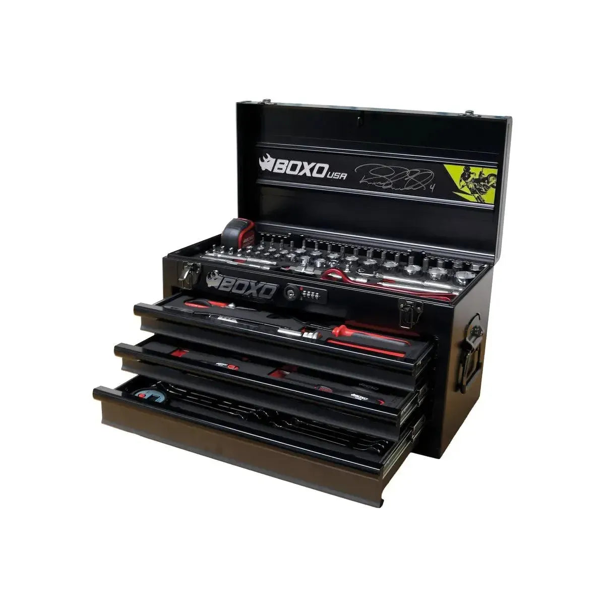 Happybuyes MotoBox | Ricky Carmichael 3-Drawer Portable Tool Box with 103-Piece Metric Motorcycle Tool Set MOTOBX1-BK-RC2