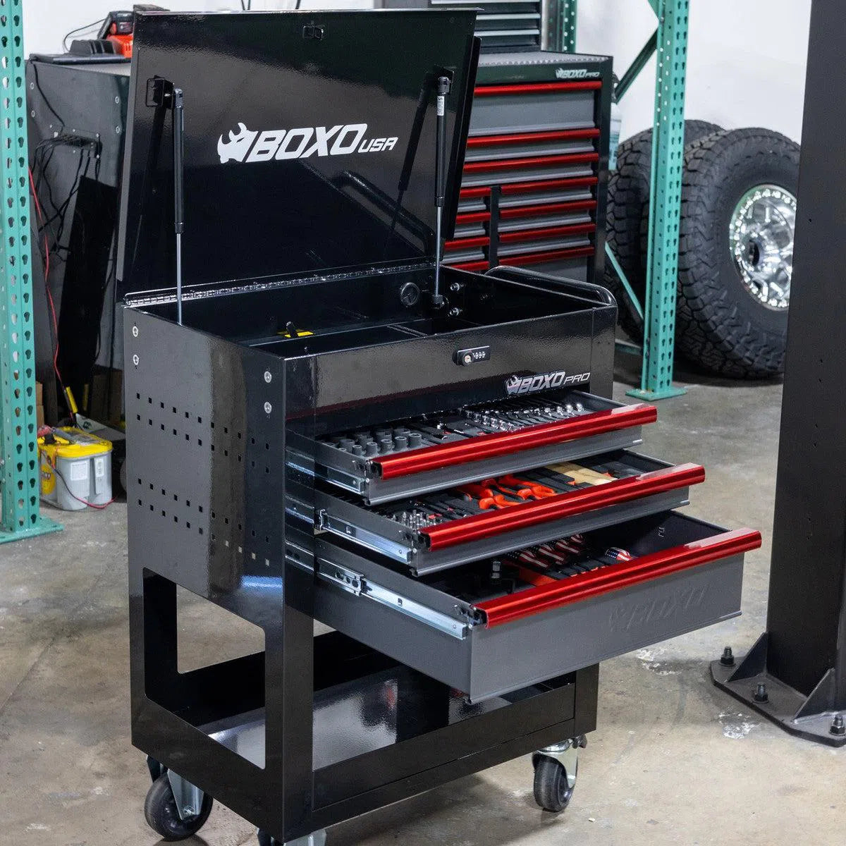 Happybuyes Pro Series | 28" 3-Drawer Flip-Top Service Cart with Quick Service Master Tool Set 28BQS-BK-R