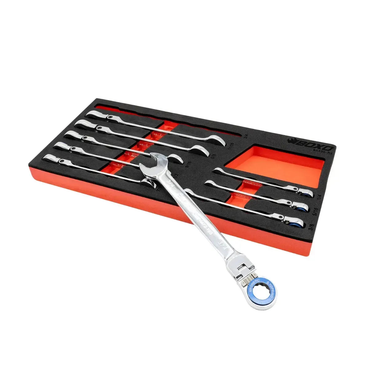 Happybuyes 9-Piece Flex Head 100T SAE Ratcheting Combination Wrench Set with Magnetic Stop Ring and Grip Open End | 1/3rd EVA Foam BX535-R2