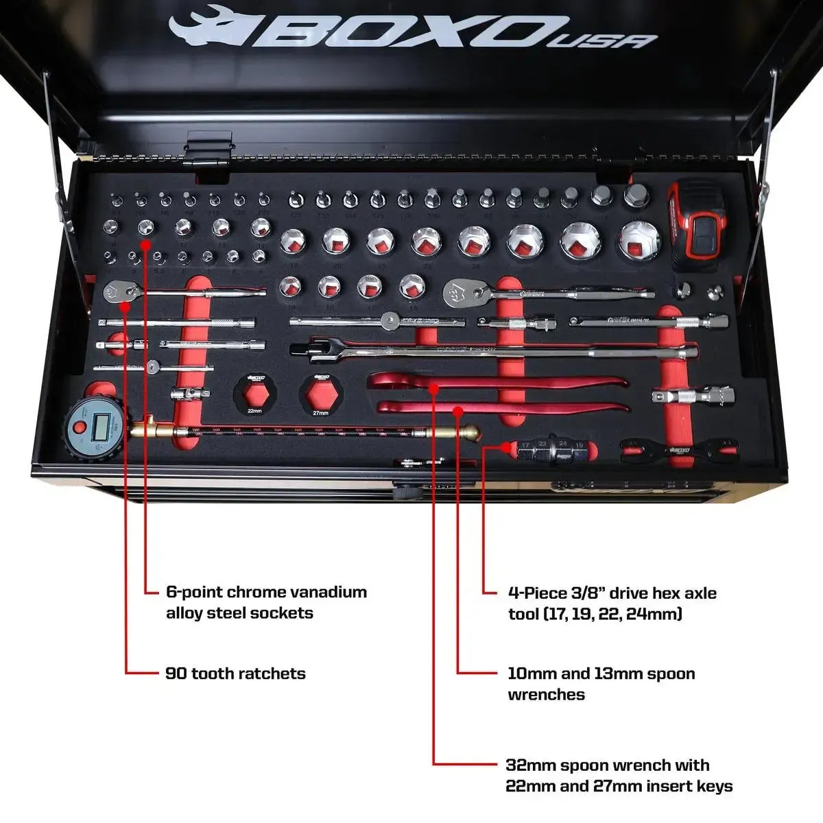 Happybuyes MotoBox | Ricky Carmichael 26" 5-Drawer Portable Tool Box with 103-Piece Metric Motorcycle Tool Set MOTOBX5-BK-RC2