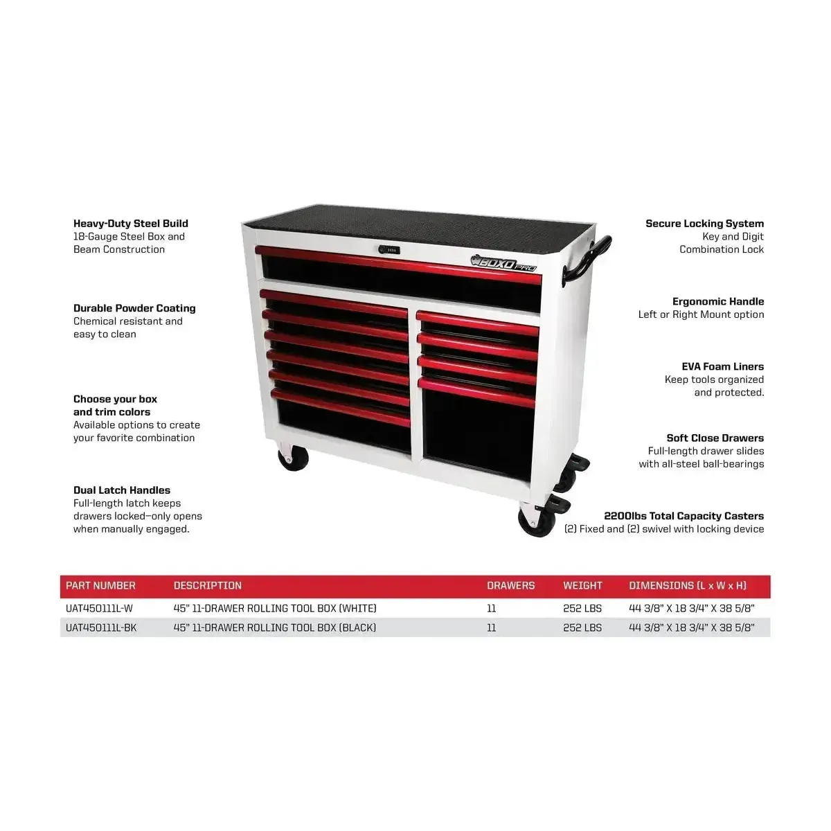 Happybuyes Pro Series | 45" 11-Drawer Rolling Tool Box UAT450111LM-BK-R
