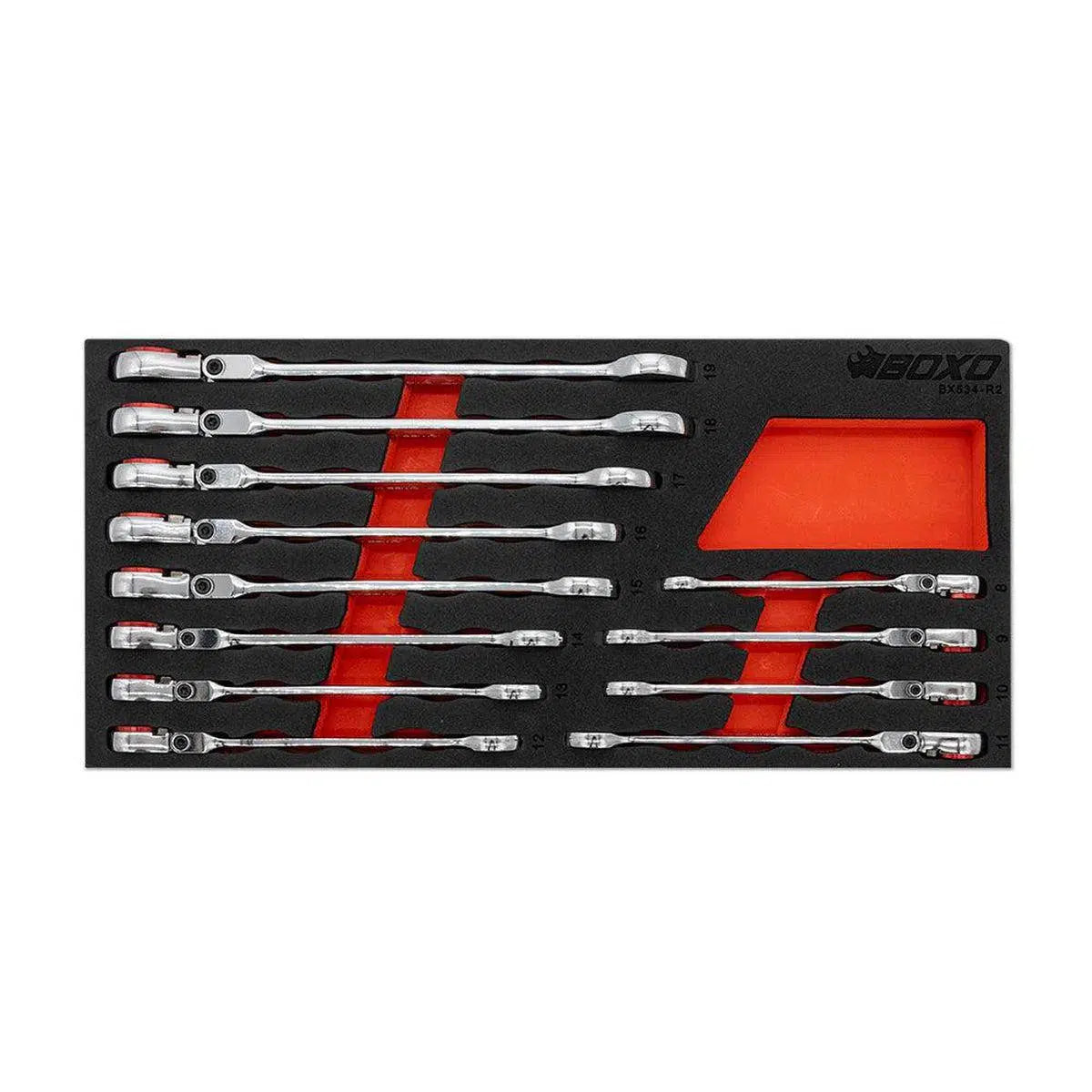 Happybuyes 12-Piece Flex Head 100T Metric Ratcheting Combination Wrench Set with Magnetic Stop Ring and Grip Open End | 1/3rd EVA Foam BX534-R2