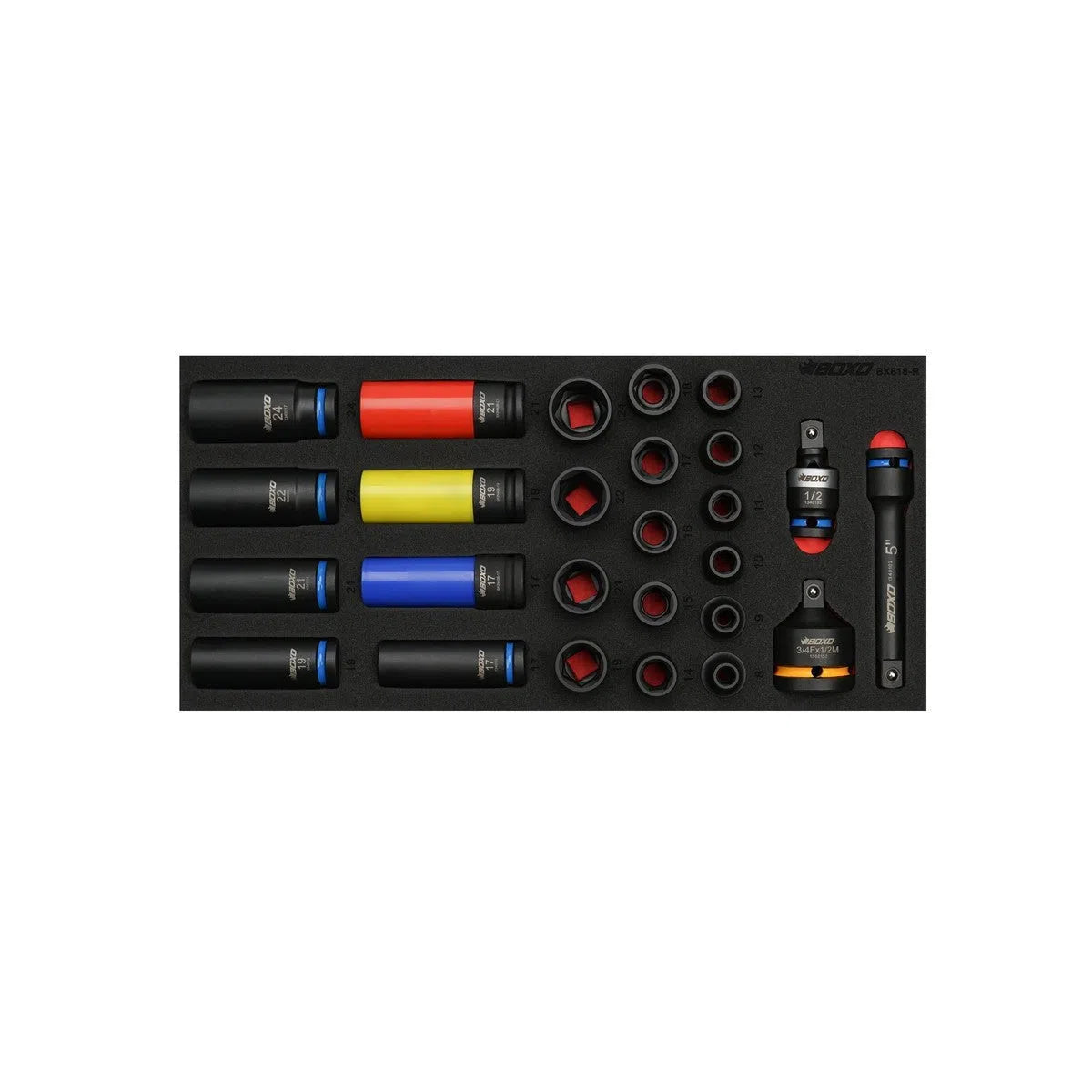 Happybuyes 26-Piece 1/2" Drive Impact 6-Point Metric Socket Set with Wheel Sockets | 1/3rd EVA Foam BX818-R