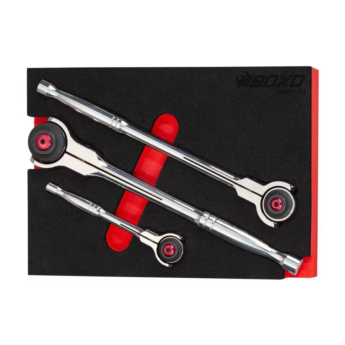 Happybuyes 3-Piece 72T 1/4", 3/8" & 1/2" Drive Swivel Head Ratchet Set | 2/9th EVA Foam BX501-R2