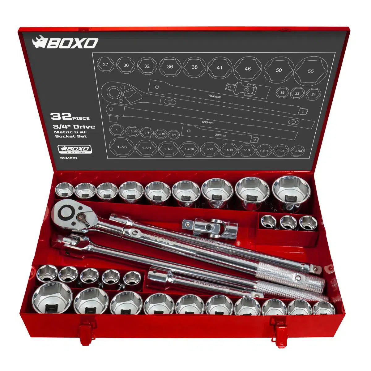 Happybuyes 32-Piece Metric & SAE 3/4" Drive 6-Point Socket Set And Ratchet BXM001