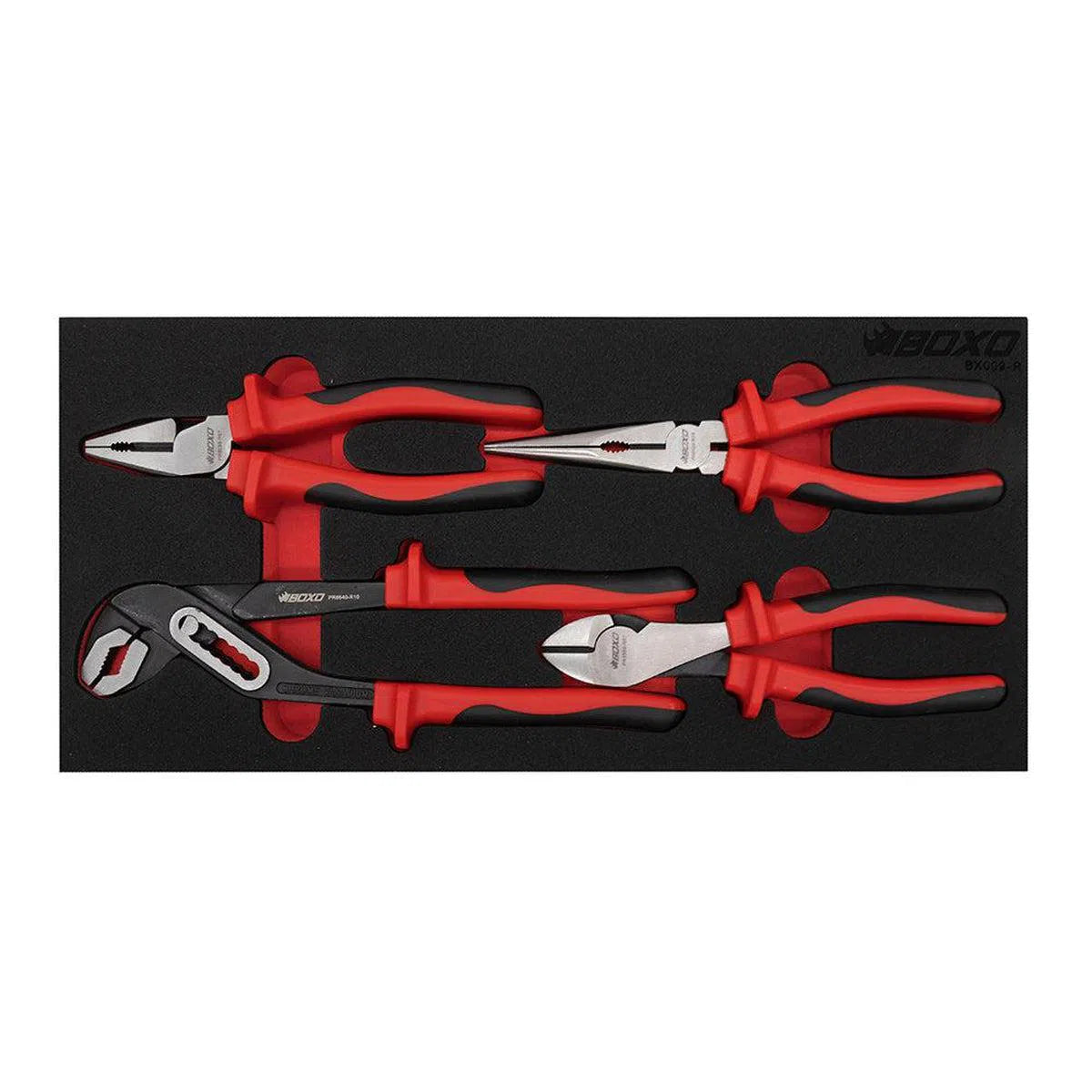 Happybuyes 4-Piece Plier Set, 7" Diagonal Side Cutter, 8" Long Needle Nose Plier, 7" Lineman's Plier, 10" Groove, Joint Plier | 1/3rd EVA Foam BX009-R