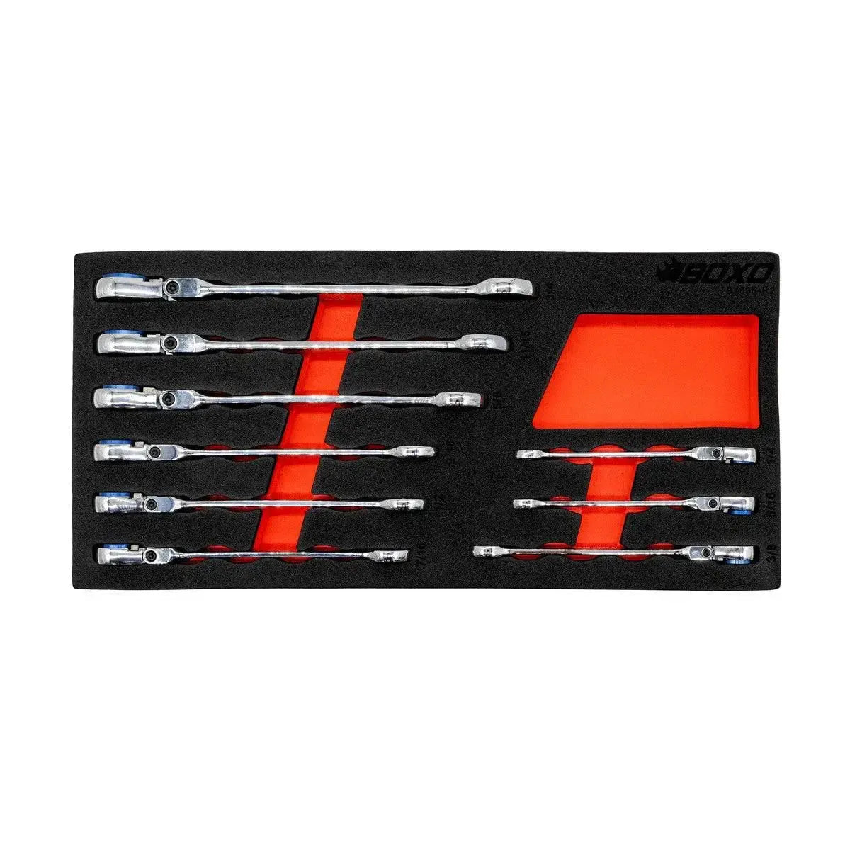 Happybuyes 9-Piece Flex Head 100T SAE Ratcheting Combination Wrench Set with Magnetic Stop Ring and Grip Open End | 1/3rd EVA Foam BX535-R2