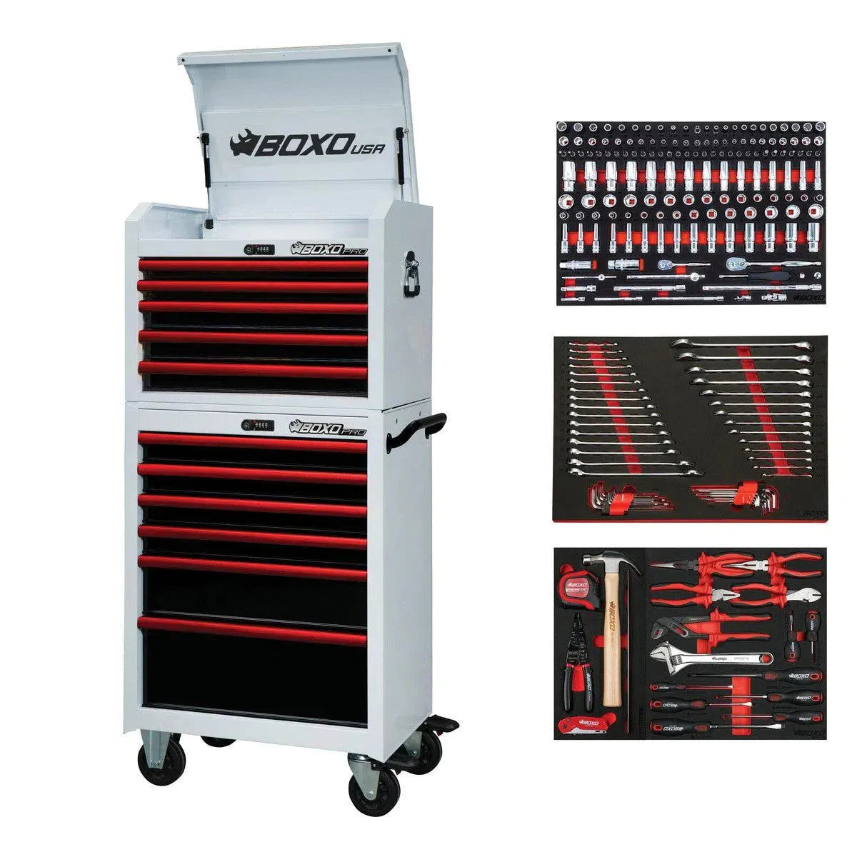 Happybuyes Pro Series | 26" 11-Drawer Rolling Tool Box with 222-Piece Master Tool Set | White and Red 26TBM-W-R1
