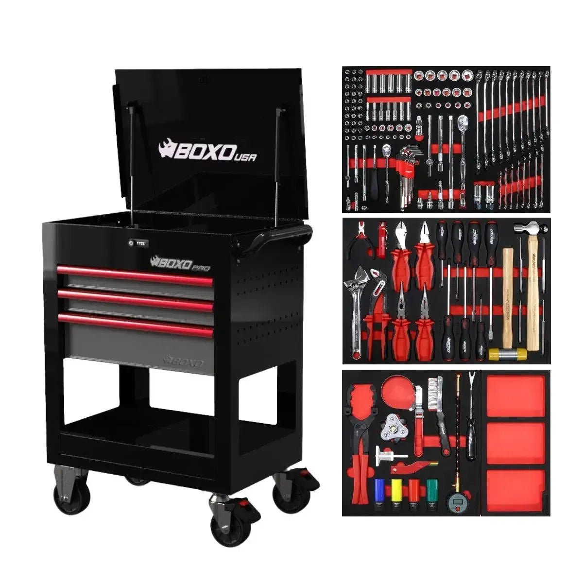 Happybuyes Pro Series | 28" 3-Drawer Flip-Top Service Cart with 160-Piece Quick Service Master Tool Set 28BQS-BK-R