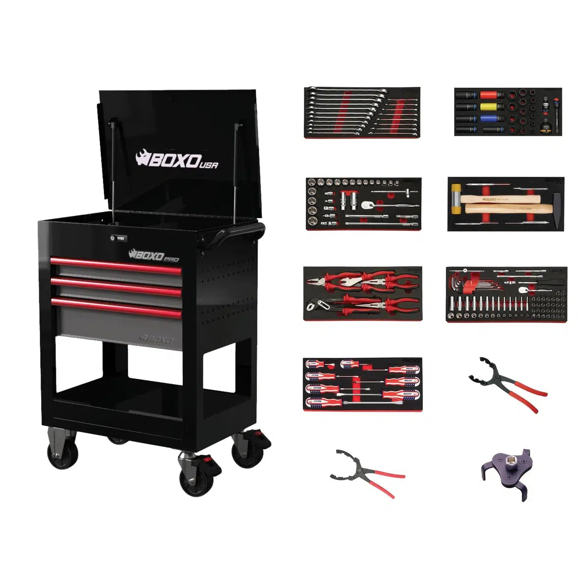 Happybuyes Pro Series | 28" 3-Drawer Flip-Top Service Cart with Quick Service Master Tool Set 28BQS-BK-R