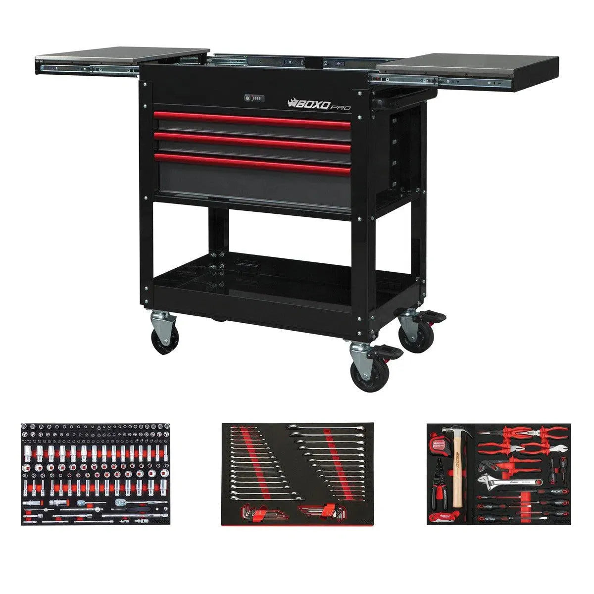 Happybuyes Pro Series | 35" 3-Drawer Slide-Top Service Cart Tool Box with 222-Piece Master Tool Set 35SBM-BK-R