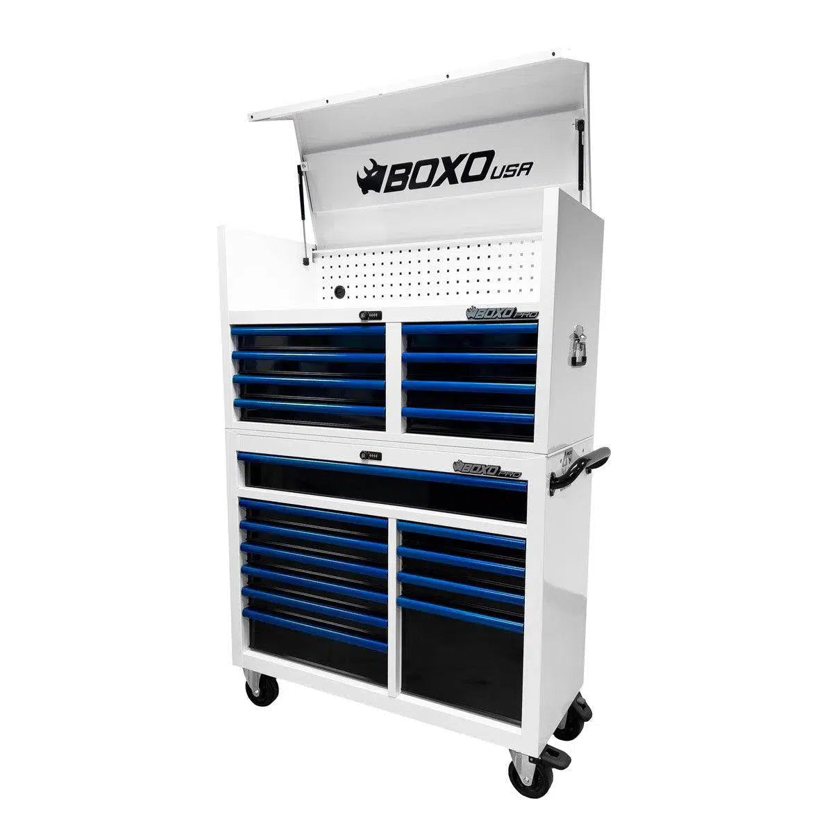 Happybuyes Pro Series | Loaded 45" 19-Drawer Rolling Tool Box | White and Blue 45TBM-W-B1