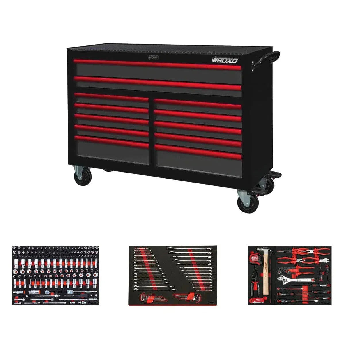 Happybuyes Pro Series | 53" 12-Drawer Rolling Tool Box with 222-Piece Master Tool Set 53BM-BK-R