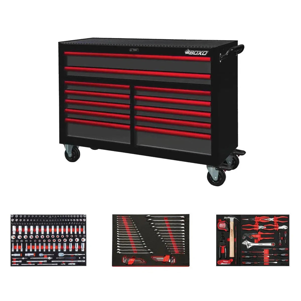 Happybuyes Pro Series | 53" 12-Drawer Rolling Tool Box with Master Tool Set 53BM-BK-R