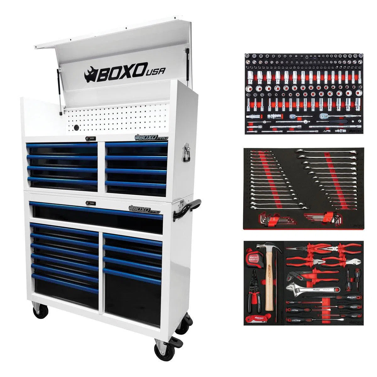 Happybuyes Pro Series | Loaded 45" 19-Drawer Rolling Tool Box | White and Blue 45TBM-W-B1