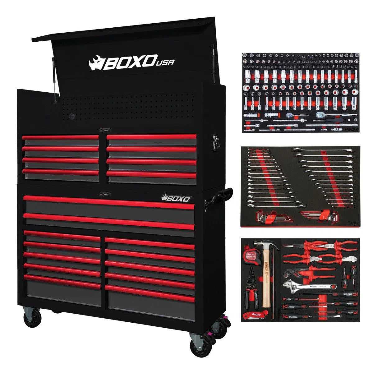 Happybuyes Pro Series | Loaded 53" 20-Drawer Rolling Tool Box | Black and Red 53TBM-BK-R1