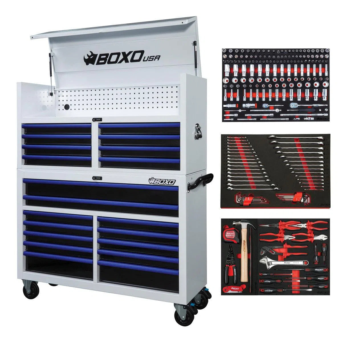 Happybuyes Pro Series | Loaded 53" 20-Drawer Rolling Tool Box | White and Blue 53TBM-W-B1