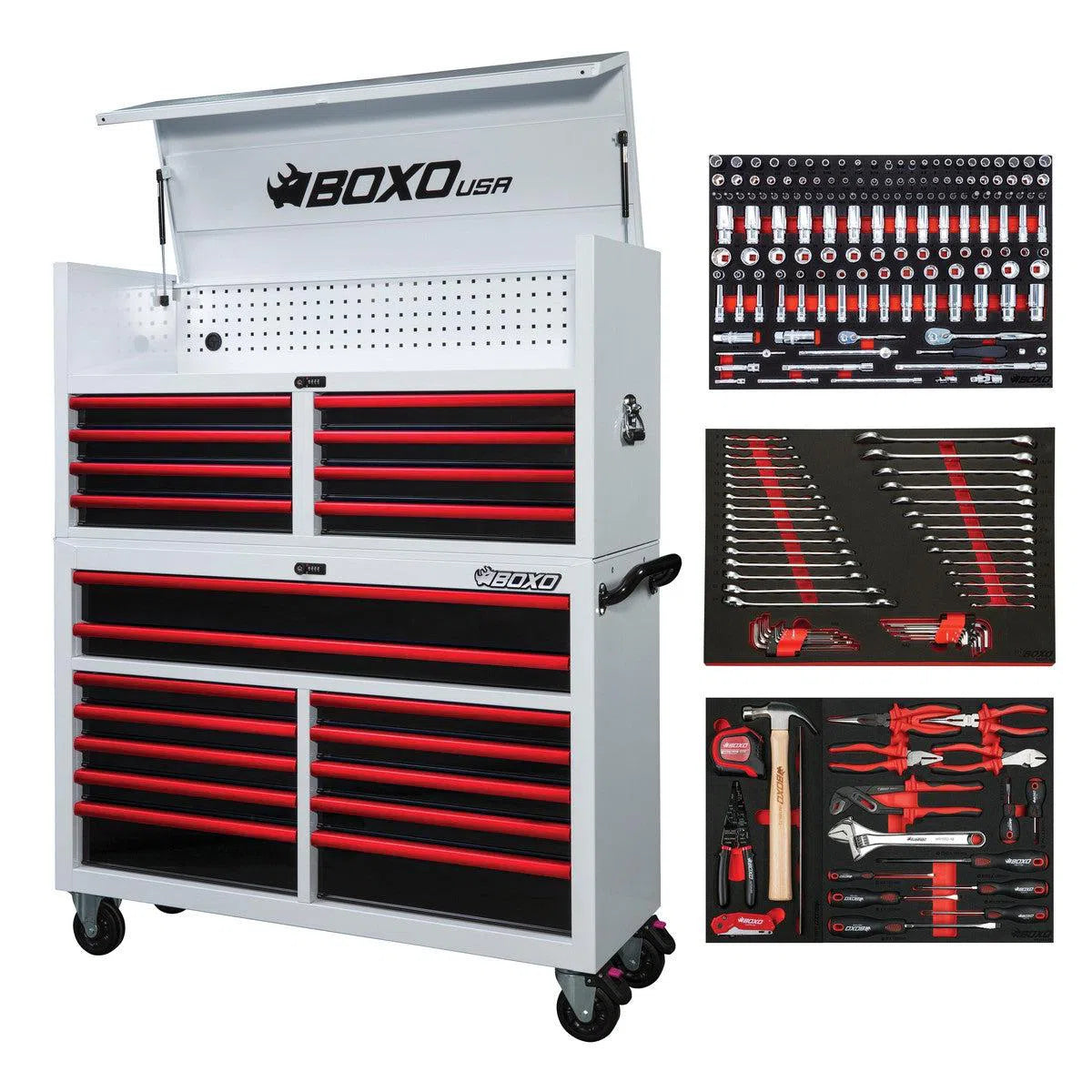 Happybuyes Pro Series | Loaded 53" 20-Drawer Rolling Tool Box | White and Red 53TBM-W-R1