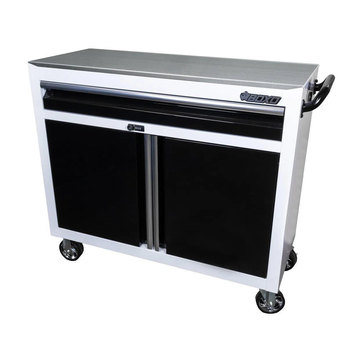 Happybuyes Tech Series | 45" Rolling Display Cabinet with Stainless Steel Countertop | White UAT451011LS-W