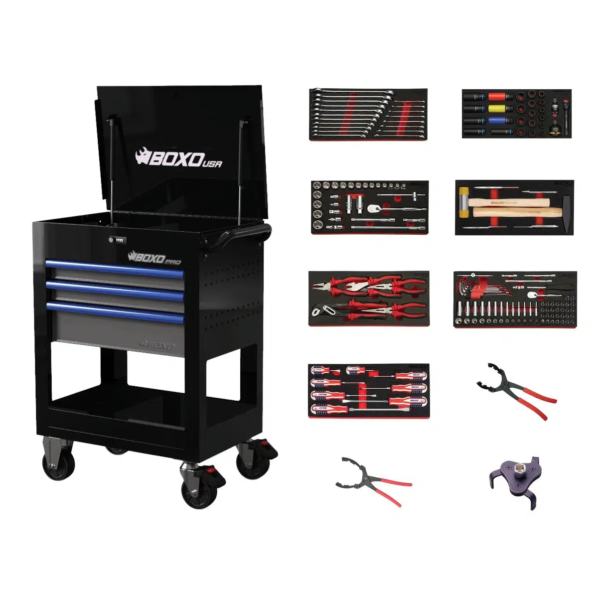 Happybuyes Pro Series | 28" 3-Drawer Flip-Top Service Cart with Quick Service Master Tool Set 28BQS-BK-B