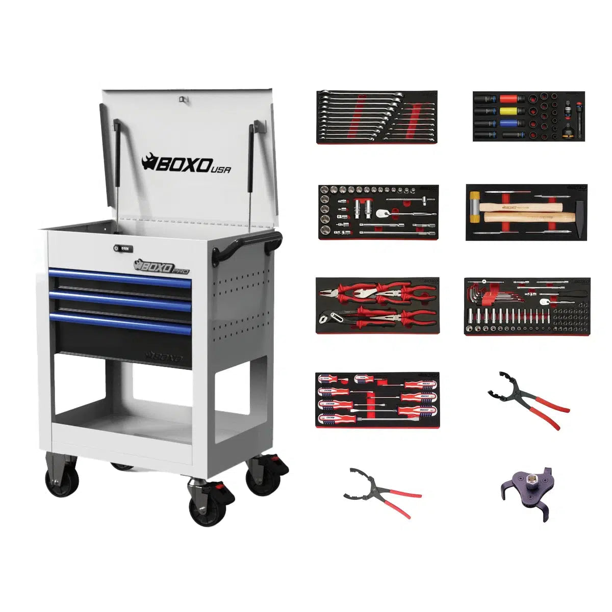 Happybuyes Pro Series | 28" 3-Drawer Flip-Top Service Cart with Quick Service Master Tool Set 28BQS-W-B
