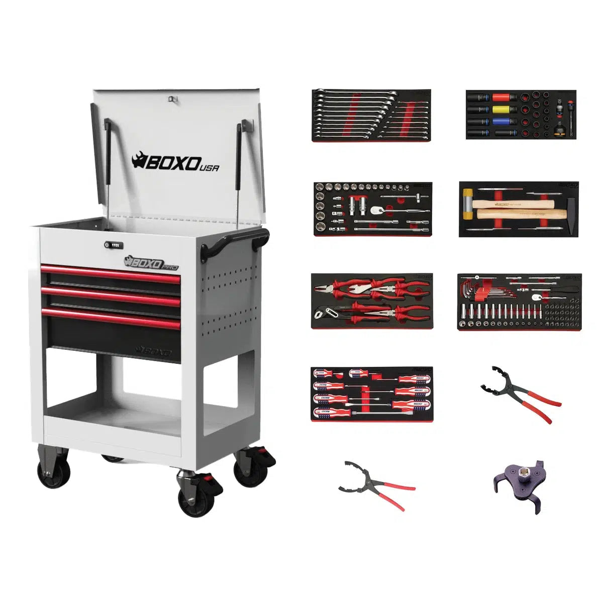 Happybuyes Pro Series | 28" 3-Drawer Flip-Top Service Cart with Quick Service Master Tool Set 28BQS-W-R
